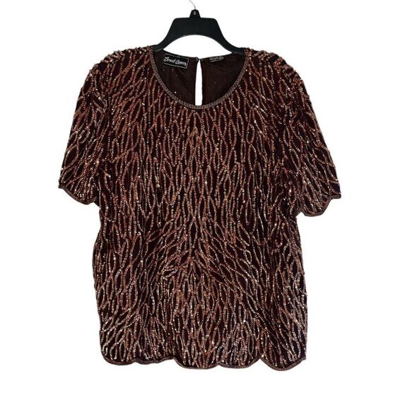 Vintage Women's Jewel Queen Sequined Beaded %100 Silk Plus Size Top 1X - Picture 1 of 8
